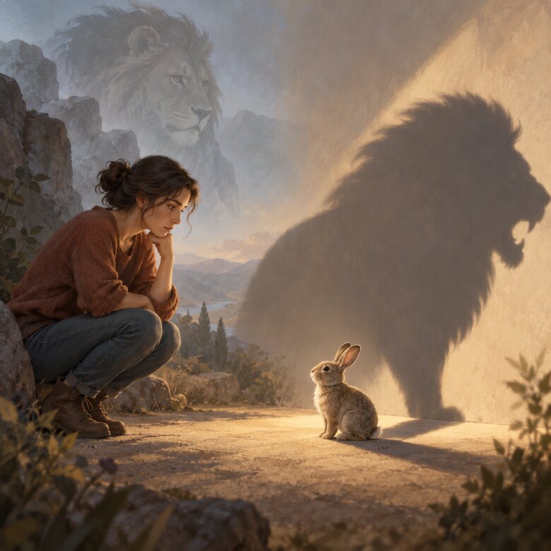 A small bunny casting the shadow of a lion